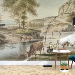 Rural landscape wallpaper Vintage retro wall bedroom decor Peel and Stick Fine art oil picture style Historical scenic mural Repositionable