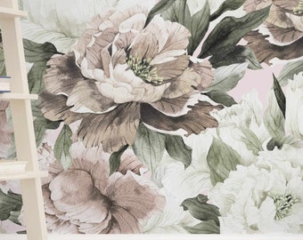 Winter flowers mural wallpaper Watercolor big flower blossom peel and stick Vintage bouquet of peonies extra large wall mural Floral Pattern
