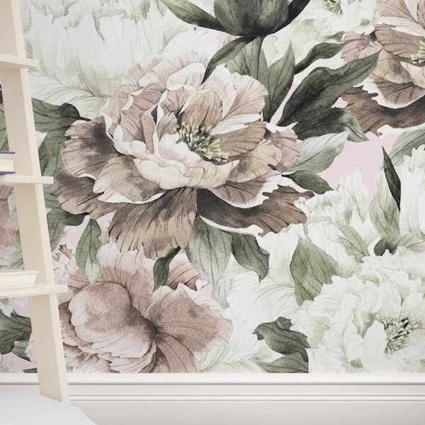 Winter flowers mural wallpaper Watercolor big flower blossom peel and stick Vintage bouquet of peonies extra large wall mural Floral Pattern