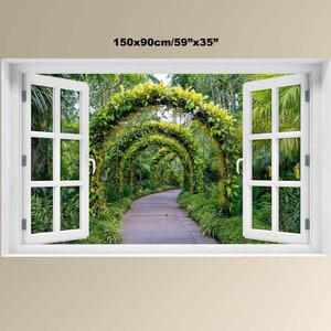 Flower garden landscape window 3D decal Green forest view mural sticker Peel & Stick forest trees Self- adhesive park view 3d window decal