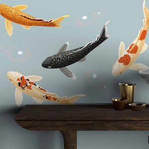 Japanese Koi fish wall decal Animal sea nautical Japan sticker Asian design wall decal Peel and stick pond fish Abstract carps wall decals