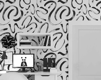Brush strokes removable wallpaper Abstract design Self-adhesive wallpaper Hand Drawn Lines pattern wall mural Bold Black Brush Strokes Mural