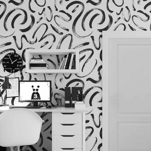 Pinselstriche entfernbare Tapete Abstraktes Design Selbstklebende Tapete Hand gezeichnete Linien Muster Wandbild Bold Black Brush Strokes Wandbild