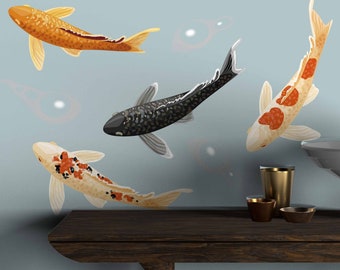 Japanese Koi fish wall decal Animal sea nautical Japan sticker Asian design wall decal Peel and stick pond fish Abstract carps wall decals