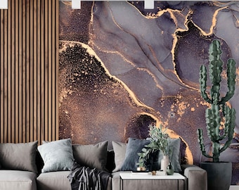 Dark grey& gold marble removable mural Self-adhesive large Wallpaper Marble peel and stick Abstract wallpaper Gray gold stone abstract print