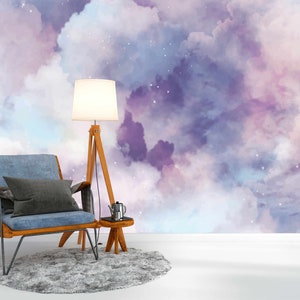 Pastel color clouds removable wallpaper Rising clouds self-adhesive large wallpaper Skyline nature large wall mural Starry sky wall mural