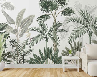 Green vintage tropical leaves wallpaper Exotic wall bedroom decor Banana palm watercolour peel and stick Mural Boho calm Repositionable