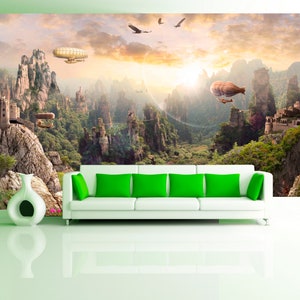 Steampunk Wandbild Luftschiffe Fantasie entfernbare Tapete Tapete der fantastischen Landschaftsluftschiffe Selbstklebende große Tapete