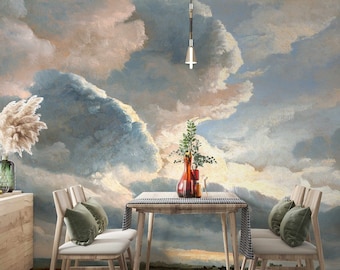 Papel pintado extraíble con nubes de estilo vintage Mural de pared con pintura rural Paisaje vintage Cielo Tormenta Decoración de pared Papel pintado extraíble con cielo nublado