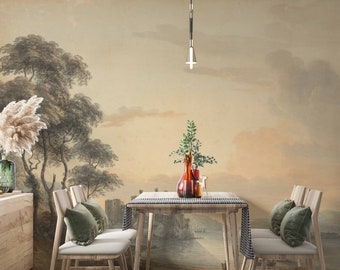 Country side Removable wallpaper Scene wallpaper Landscape vintage Retro Shabby Forest Panoramica wall art Rural Removable wallpaper