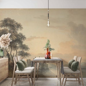Country side Removable wallpaper Scene wallpaper Landscape vintage Retro Shabby Forest Panoramica wall art Rural Removable wallpaper