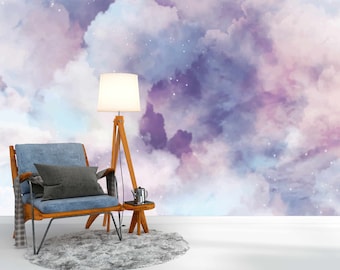Pastel color clouds removable wallpaper Rising clouds self-adhesive large wallpaper Skyline nature large wall mural Starry sky wall mural