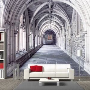 Vaulted corridor removable wallpaper Castle interior wall mural Gothic castle Self-adhesive Large Wallpaper Stone wall mural art decor