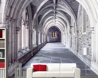 Vaulted corridor removable wallpaper Castle interior wall mural Gothic castle Self-adhesive Large Wallpaper Stone wall mural art decor
