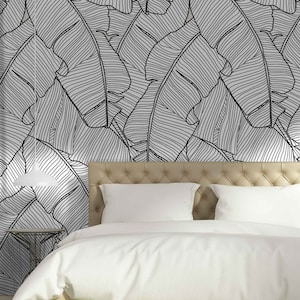 Foglie di banano bianco e nero murale rimovibile Foglie di banano Carta da parati minimalista autoadesiva in bianco e nero Design scandinavo minimalista