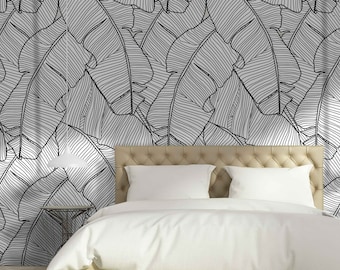Black white banana leaves removable mural Banana leaves Self-adhesive Black and white minimalism wallpaper Minimalistic scandinavian design