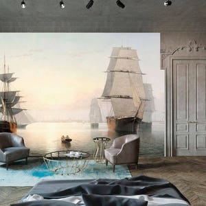 Old sailboat wall mural Sea panorama removable wallpaper Vintage sailboat Self-adhesive Large Wallpaper Seascape large wall art decor