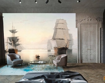 Old sailboat wall mural Sea panorama removable wallpaper Vintage sailboat Self-adhesive Large Wallpaper Seascape large wall art decor