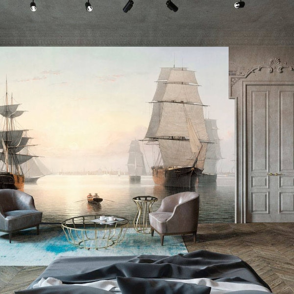 Papier peint mural voilier ancien, papier peint amovible, panorama sur la mer, voilier vintage, grand papier peint autocollant, grande déco art mural, paysage marin