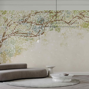 白い桜の壁紙 桜の木の壁画 緑と白の花 剥がして貼る壁紙または伝統的な壁紙、取り外し可能な花柄の壁装飾