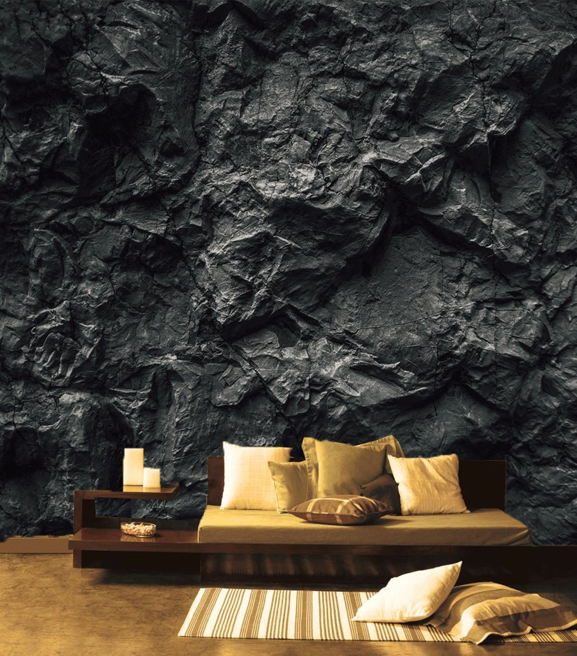 Dark wall mural for living room Black stone wall removable Etsy