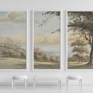 Carta da parati vintage con paesaggio estivo rimovibile o opzioni tradizionali, murale con albero alto e fiume largo, riproduzione artistica, stampa artistica da parete rurale