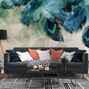 Stampe murali rimovibili con piume di pavone astratte, carta da parati con foglie tropicali, stacca e attacca, piume colorate, piume blu-verdi
