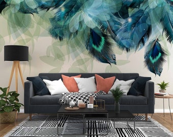 Abstract Peacock Feather Removable Wall Prints  Tropical Leaves Wallpaper Mural Peel and Stick Colourful Feathers Blue green feathers