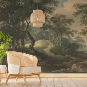 Rustikale Landschaft Abnehmbare oder Normale Tapete Ländliche Szene Wandbild Vintage Große Bäume Wand Kunst Weg Wald Wohnkultur Retro Natur Malerei