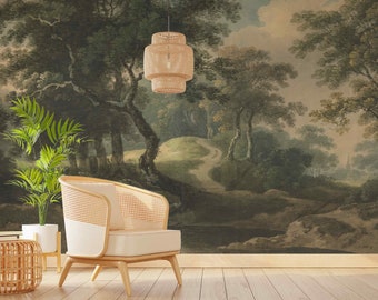 Papel tapiz de paisaje rústico extraíble o regular, mural de escena rural, arte de pared vintage con árboles grandes, sendero forestal, decoración del hogar, pintura de naturaleza retro