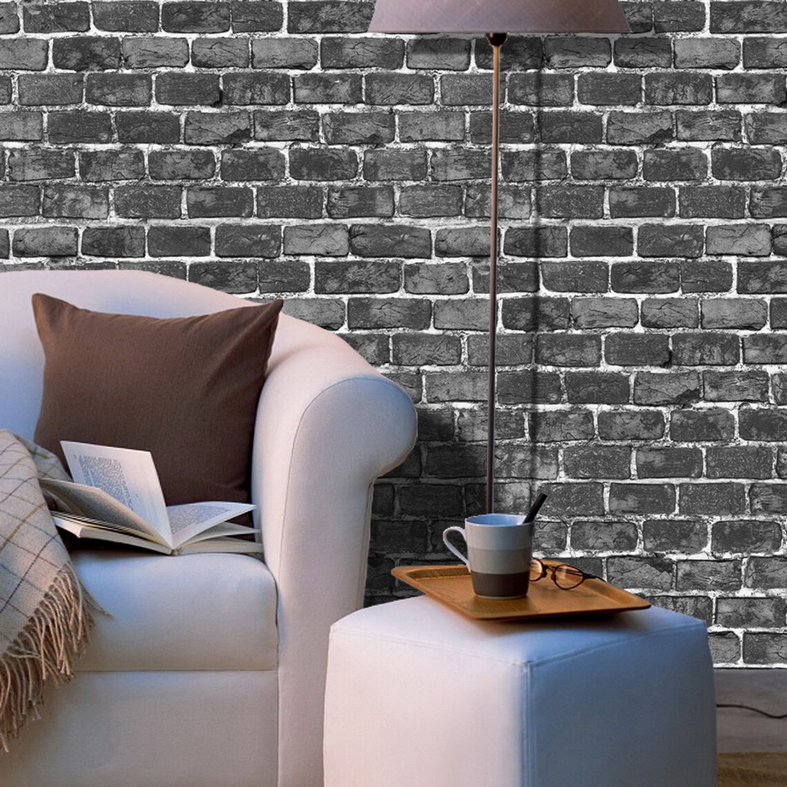 Black brick removable wallpaper Loft wall mural Rustic Etsy