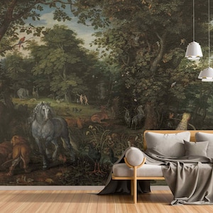 The Garden of Eden by Jan Brueghel wall mural Renaissance Art Wall Victorian Style wall art Vintage painting landscape Animals and trees art