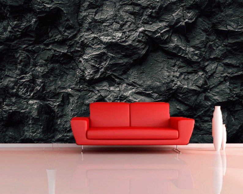 Dark wall mural for living room Black stone wall removable Etsy