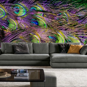 May include: A close-up of a peacock's tail feathers, with vibrant green, blue, and purple colors. The feathers are arranged in a fan shape, creating a beautiful and intricate pattern.