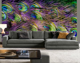 Wall mural Macro photo of peacock feathers Self Adhesive removable wallpaper bird peacock Print on the wall feathers Large feathers wall