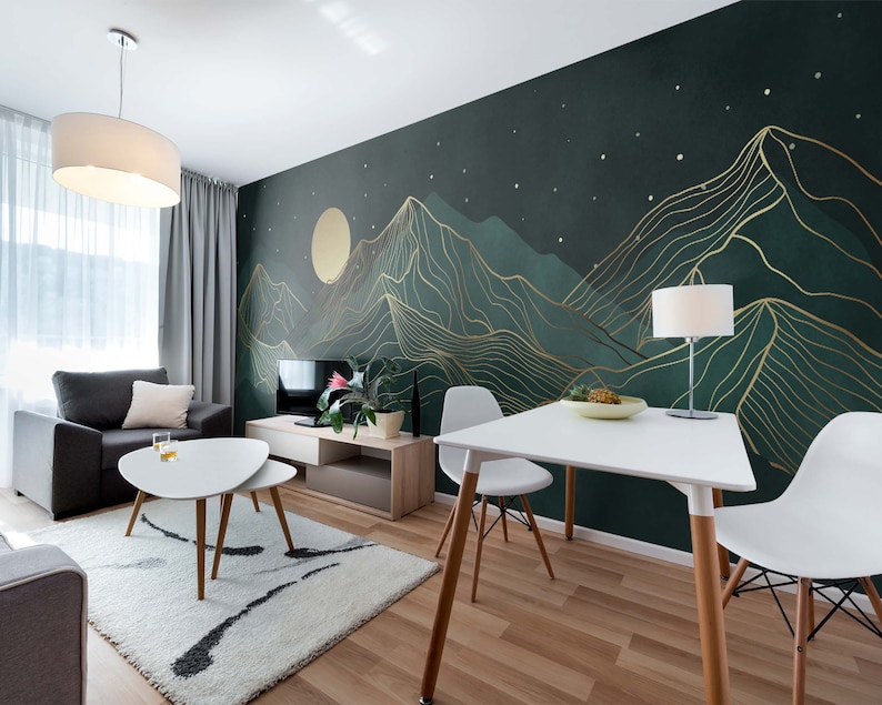 Dark Turquoise and Gold Foggy Mountains Wallpapers Etsy