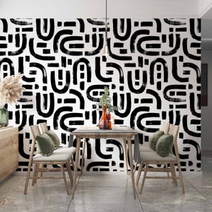 Brush stroke labyrinth pattern removable wallpaper Abstract line self-adhesive Black and white large wallpaper Paint brush wall decor mural