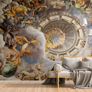 Puede incluir: Un mural que representa una escena celestial giratoria con figuras en una estructura circular con forma de cúpula. El mural presenta una figura central que sostiene un rayo, rodeada de nubes y otras figuras.