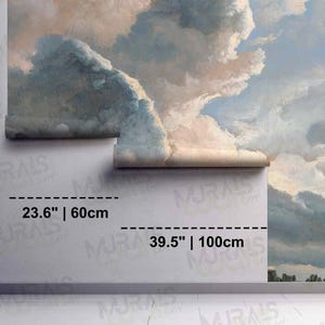 May include: A wallpaper mural featuring a sky with soft, pastel-colored clouds. The mural is 23.6 inches by 60 inches or 39.5 inches by 100 centimeters.