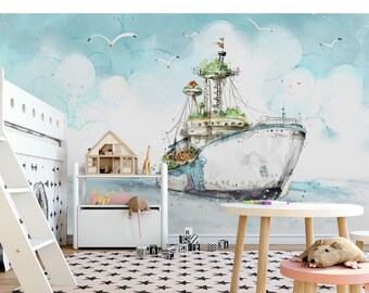 Watercolor seascape removable Ocean watercolor print Sailboat mural Nautical wall art Seascape large mural Watercolor ship wallpaper