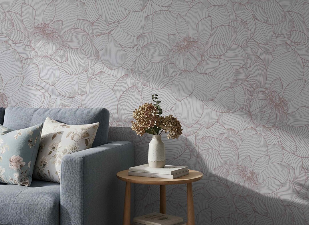 Pink Lotus Floral Line Art Wallpaper, Botanical Wall Mural - Etsy