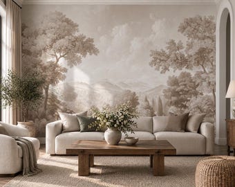 Sepia Landscape Wallpaper Mural Vintage Toile Forest Mountain Scenery