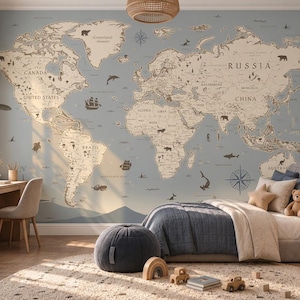 May include: A wall mural featuring a vintage-style world map in beige and muted blue tones. The map displays continents, country names, and small illustrations of animals, ships, and a compass rose. The design covers the entire wall surface.