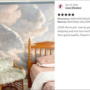 May include: A bedroom with a removable wallpaper mural depicting a cloudy sky. The mural is 98 inches wide by 78 inches tall. The wallpaper is a light blue and white color. The bedroom also features a wooden bed with a pink and white floral bedspread, a white faux fur chair, and a pink door.