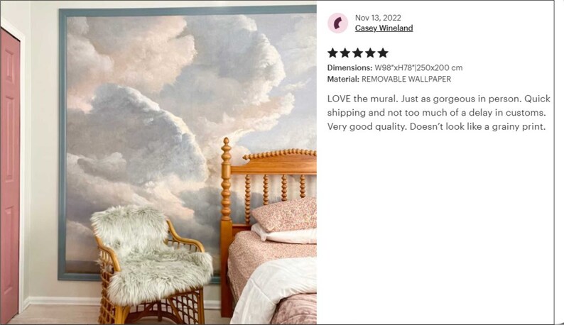 May include: A bedroom with a removable wallpaper mural depicting a cloudy sky. The mural is 98 inches wide by 78 inches tall. The wallpaper is a light blue and white color. The bedroom also features a wooden bed with a pink and white floral bedspread, a white faux fur chair, and a pink door.