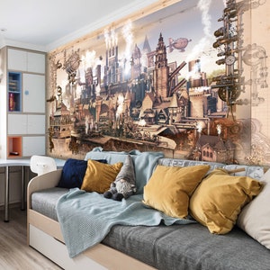 Steampunk scenery wall mural Colorful photo gothic room for wall decor Gears removable wallpaper Steampunk Self-adhesive Large Wallpaper image 2