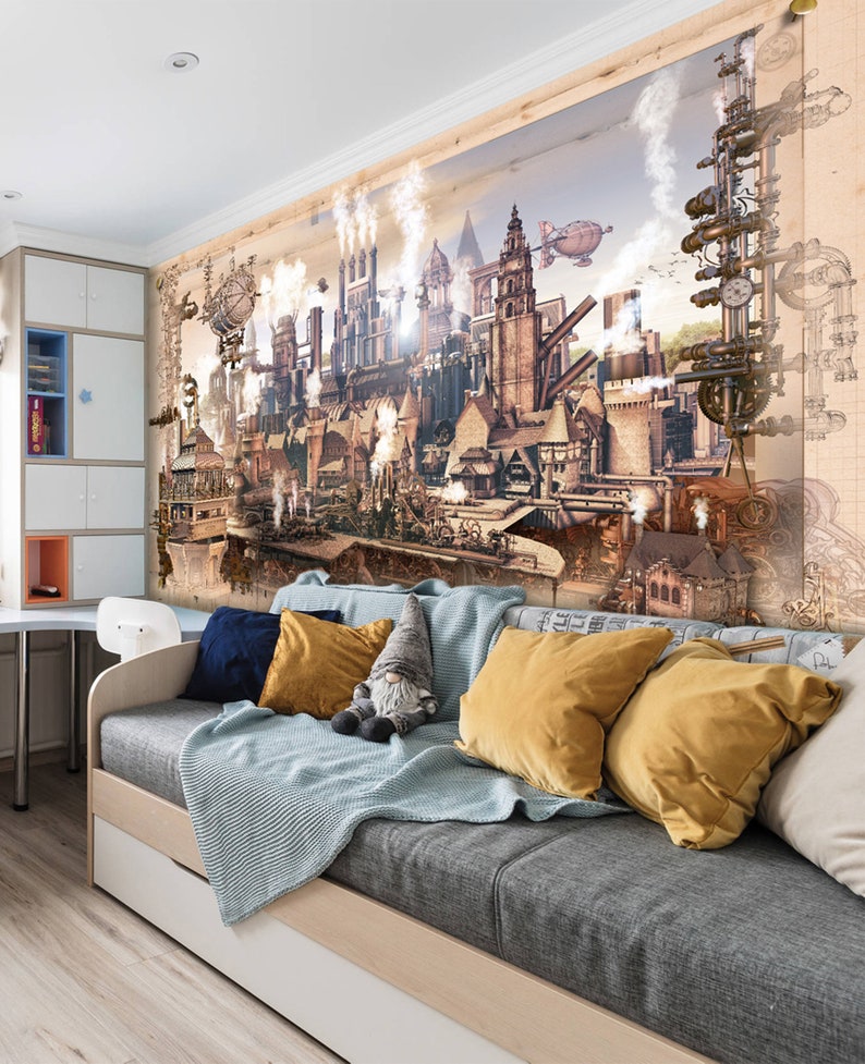 Steampunk scenery wall mural Colorful photo gothic room for wall decor Gears removable wallpaper Steampunk Self-adhesive Large Wallpaper image 2