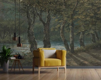 Oak Grove Vintage Mural Big tree Retro green Wallpaper Old Forest landscape Regular Victorian art painting Removable Rustic Panoramic view