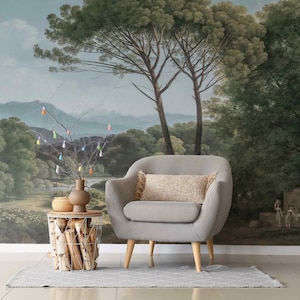 Carta da parati rimovibile con paesaggio vintage, murale sulla natura con grandi alberi in stile vittoriano, decorazione murale rurale con pittura antica, arte scenica retrò