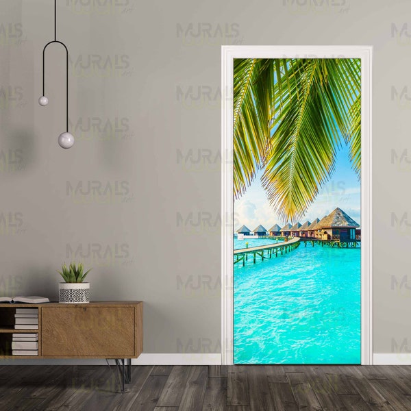 3D Tree Ocean Beach deursticker Zeezicht landschap sticker voor voordeur Peel & Stick 3D Sea Bridge Zelfklevende 3D Ocean Path Mural